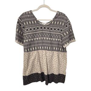 Braintree Blouse Size Large Printed Short Sleeve Scoop Neck Black Beige Tencel